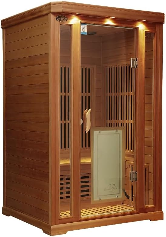 SAUNA DOCTOR 2 Person Canadian Red Cedar Infrared Sauna for Home - 2000W Low-EMF Far Infrared with 8 Heaters, Bluetooth Speakers,6MM Tempered Glass (35.4"x35.4"x74.8") (Dark Wood)