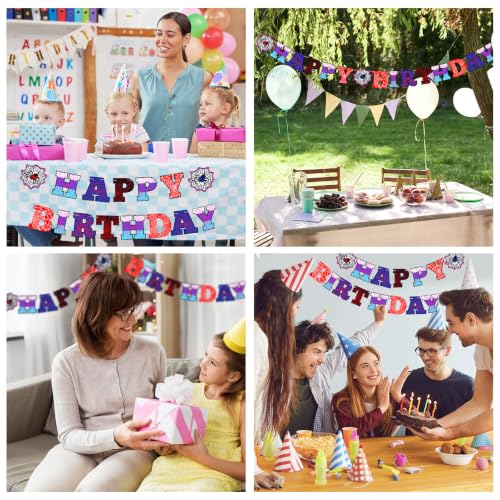 Image of Oudain Spider Theme Birthday Banner Pre-strung Web Flags,Red Purple Blue | Cartoon Backdrop Design, Happy Birthday Bunting for Party Supplies, Easy Hanging Decor for Themed Celebration