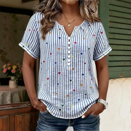 Blusa para mujer elegante a rayas con cuello en V y botones de verano 2