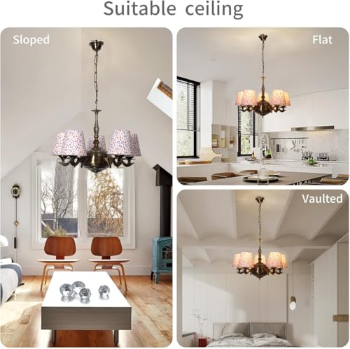 Image of Devansh 05 Lights Printed conical Cotton Shade with Antique Golden Chandelier -C