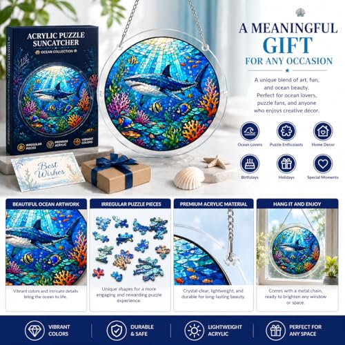 Puzzle de Acrílico Ocean Jigsaw Suncatcher para Adultos, Rompecabezas de Ventana de Vidrio Teñido de 7.48 Pulgadas, Decoración de Puzzles de Animales Marinos para Amantes del Océano (Tiburón) miniatura 2