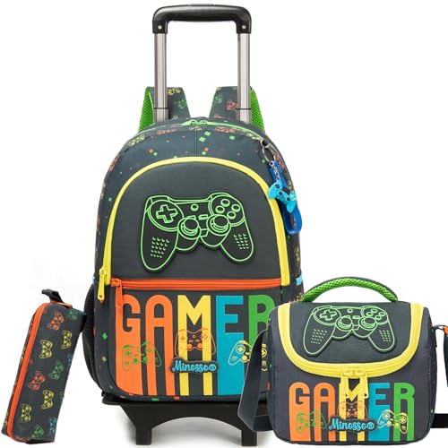ZBAOGTW Mochila com rodinhas para meninas de 8 a 12 anos para meninos e meninas, Jogo preto, Medium