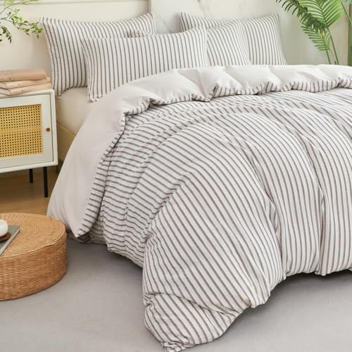 Image of Grey Striped Comforter Set King - 3 Pieces Bedding Comforter Set for All Season, Soft Lightweight Washed Microfiber, 1 Striped Comforter and 2 Pillowcases (Grey, King Size)