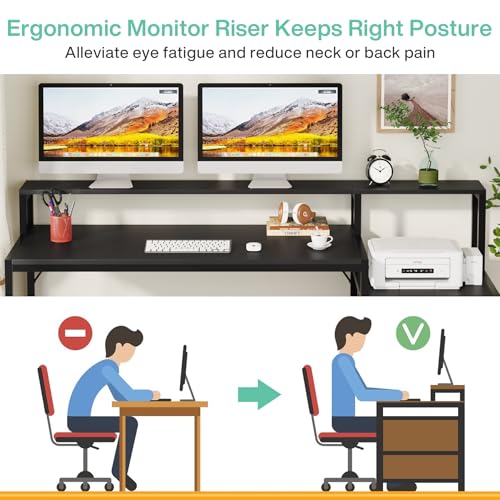 Image of Tribesigns 63 Inch Computer Desk with File Drawer Cabinet, Ergonomic Office Desk with Monitor Stand, Industrial Computer Table with Printer Space, Wood PC Table Workstation Desks for Home Office