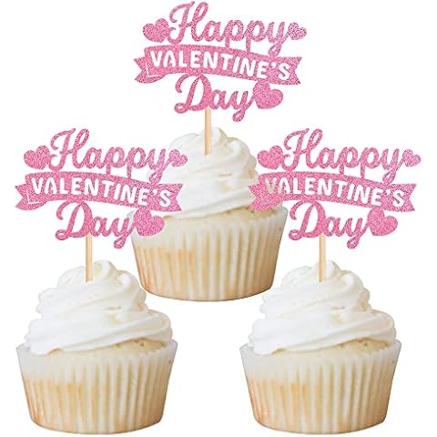 Rsstarxi 24 Pack Pink Happy Valentine's Day Cupcake Toppers Glitter Sweet Love Cupcake Picks Valentine's Day Cake Decorations for Happy Valentine's Day Wedding Bridal Shower Birthday Party Supplies Cover
