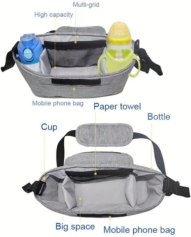 Miniatura 4 de Bolsa de pañales fácil de transportar con correa desmontable, poliéster duradero, accesorio multifuncional para cochecito con compartimentos, Gris,
