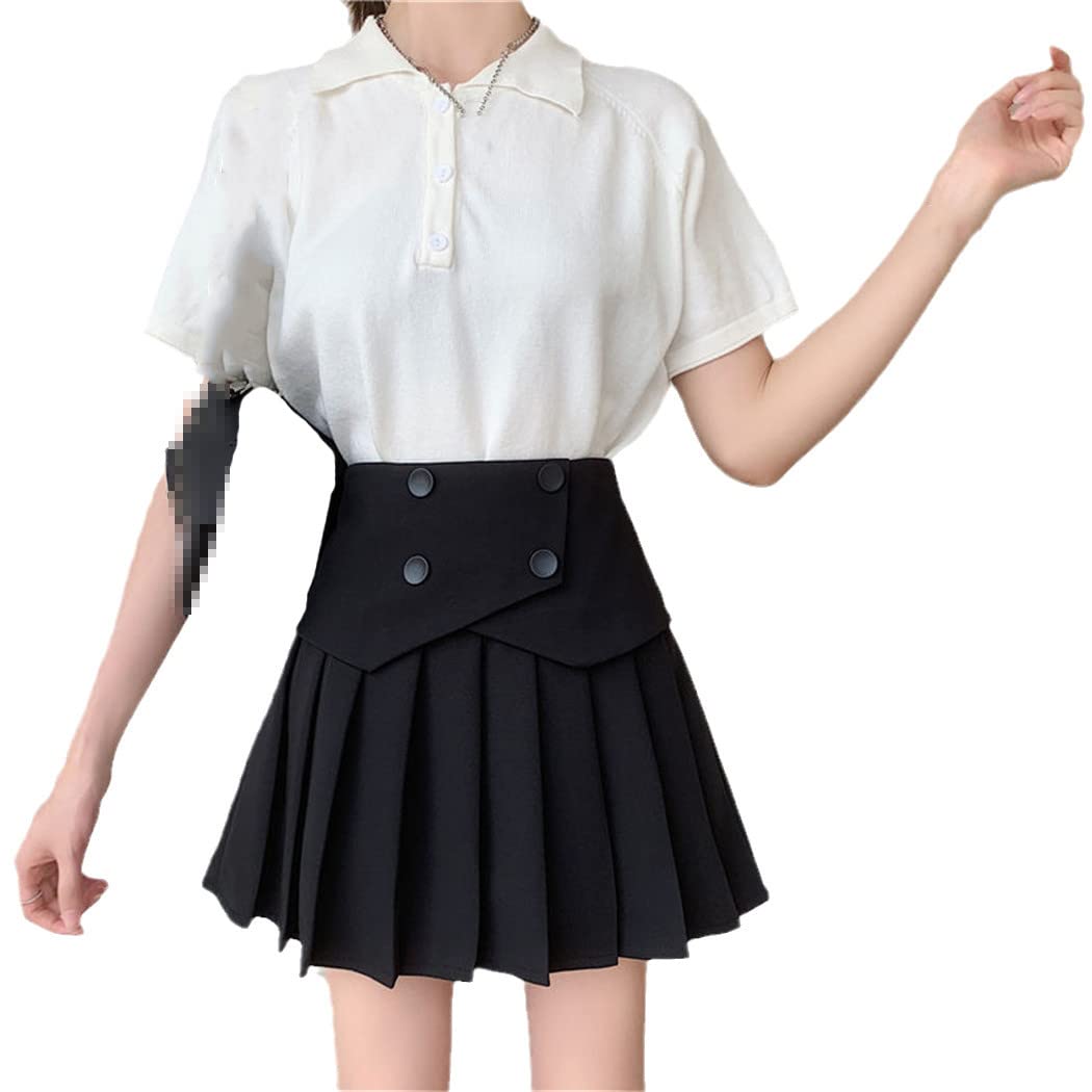 KEHAIOO Gonna a pieghe nera da donna, mini gonne a vita alta patchwork per ragazze, gonne eleganti stile preppy coreano estivo