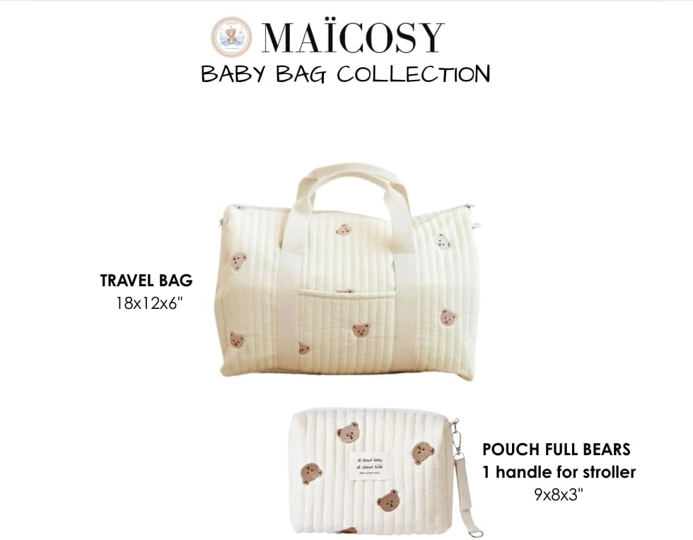 Baby Diaper Bag, Set of 2 (TRAVEL BAG + POUCH FULL BEARS) - Cream
