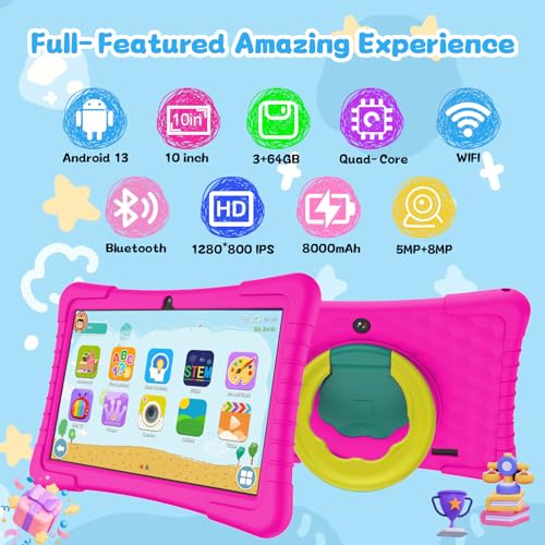 YOBANSE Kids Tablet, 10 inch Tablet for Kids, Android 13 Children Tablet with 3GB RAM 64GB ROM, WiFi, Bluetooth, Dual Camera, 1280 * 800, 8001mAh Battery, Toddler Tablet with Parental Control(Pink) - Image 3