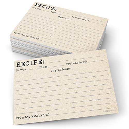 321Done Recipe Cards (Set of 50) 4' x 6' - Typewriter Rustic Kraft Tan Vintage - From the Kitchen Of - Large Double-Sided - Made in USA - Unisex Minimalist