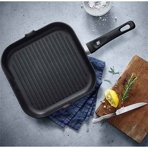 WMF Grill - Sartén cudrada 27x27 cm con rayas de aluminio fundido, asador acanalado con antiadherente, sartén parilla ideal para freír, sin PFOA.