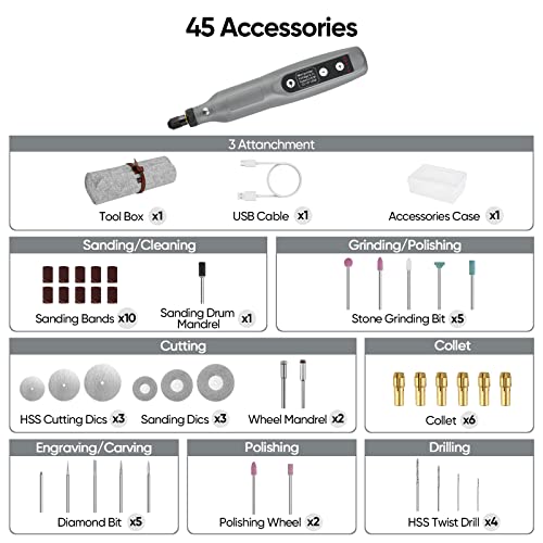 Jedia Cordless Rotary Tool Kit 5-Speed Variable And Usb Charging Cable Mini Power Rotary Tools, 3.7V With 45Pcs Accessories For Cutting, Drilling, Sanding, Engraving, Polishing & Diy Crafts (Grey) #TOP1