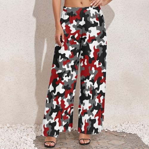 Red Grey White Camouflage Palazzo Pants for Women, Soft Womens Wide Leg Baggy Pants, Comfy Lounge Pants for Women3