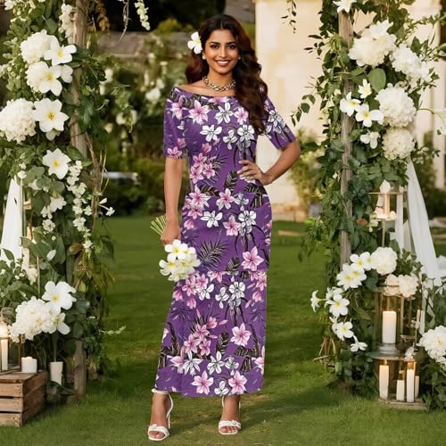 Womens Polynesian Puletasi Samoan Dress Short Sleeve One Shoulder Maxi Dress 2 Piece Outfit2