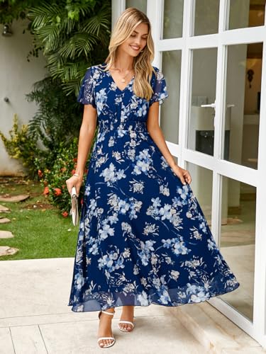 Image of Simplee Womens Floral Maxi Dress - Short Sleeve Summer Boho Wedding Guest Dress Empire Waist Chiffon Modest Midi Dresses