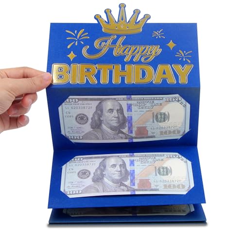 HOMANGA Birthday Money Envelope for Cash Gifts, Surprise Cash Envelope for Men Women Kids, Birthday Gift Card for Men Women Girls Boys, Blue Gold Money Holder
