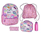 Sanrio Hello Kitty Travel Backpack Neon Rainbows Magic Sequins 5 Piece Set Lunch Bag Cinch Bag Gadget Case Water Bottle