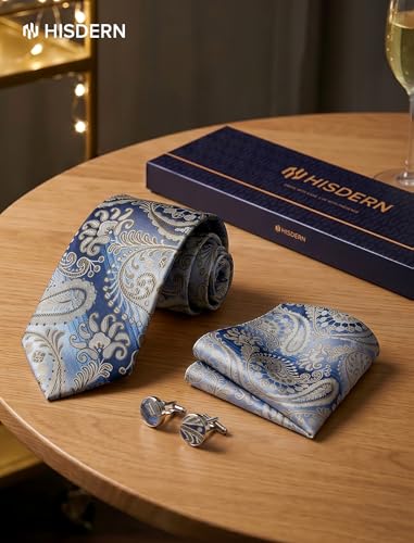 Image of HISDERN Ties for Men Paisley Tie and Pocket Square Cufflinks Set Formal Classic Floral Necktie Handkerchief Wedding Party