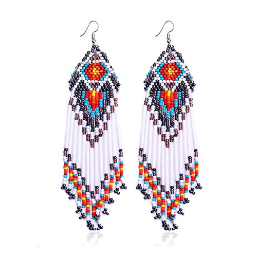 Royalbeier Beaded Earrings Oversized Handmade Seed Beaded Drop Earrings Long Beaded Navajo Indian