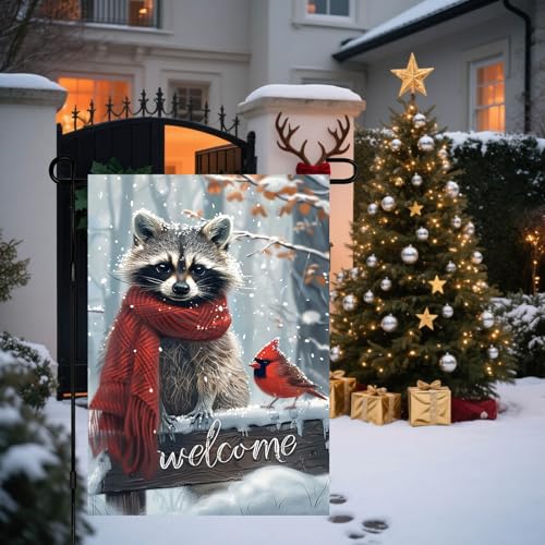 Image of BlissYard Garden Flag Raccoon Woodland Bird Winter 12x18 Inch Polyester
