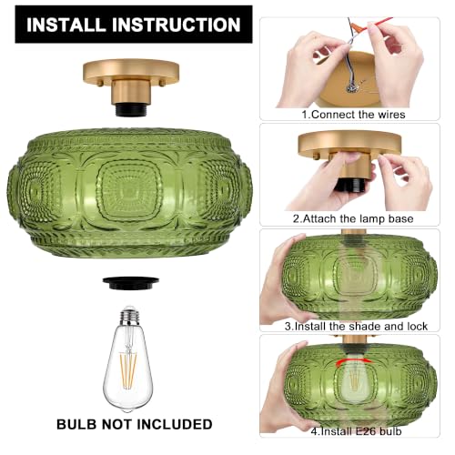 Image of 12 inch Art Deco Glass Semi Flush Mount Ceiling Light Fixture, Green