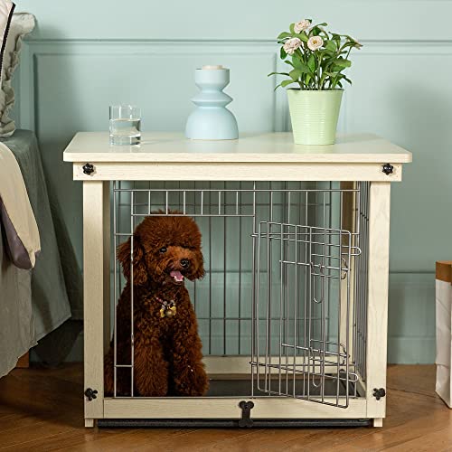 Ylovecl Wooden Dog Crate Furniture With Sliding & Fixable Tray, Dog Crate End Table For Small Dog, Small Dog Kennels Indoor (28.3L*23.2W*23.6H, Ivory White) #TOP15