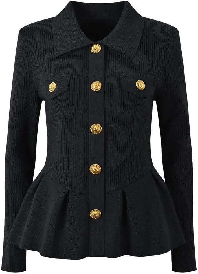 Women Turn-Down Collar Long Sleeve Single-Breasted Ruffles Hem Coat Knits Solid Cardigan