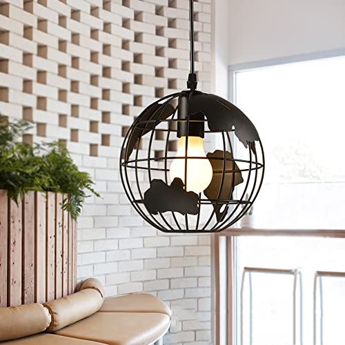 Mengjay Rétro Suspension au Éclairage plafond Métal Retro Suspensions Luminaires 60W E27 Lustre 1 Lumières Lustre à lampadaire Forme de la Terre Noir Salon Chambre Grenier Hôtel (Diamètre 20cm)