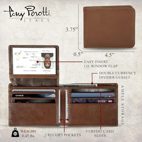 Tony Perotti Men's Italian Leather Bifold Wallet With ID Window Flap, Card Holders, Pocket Size 4.5"(w) - Eco-Friendly Vegetable-Tanned2