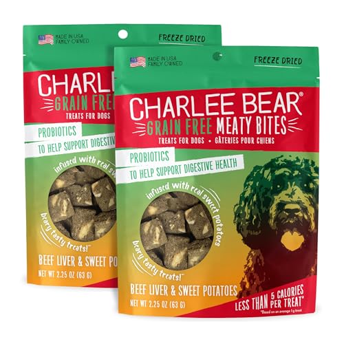 Charlee Bear Grain Free Meaty Bites Freeze Dried Dog Treats with Probiotics, Puppy Training Snacks, Soft Dog Bites Beef Liver with Sweet Potato, 2.25 oz Bags (2), Made USA