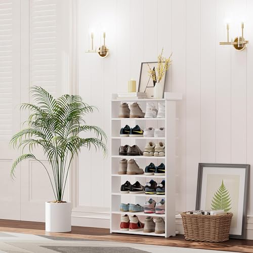 Dripex Zapatero Estrecho Blanco, Montaje Sin Herramientas, PVC-Madera, Ahorra Espacio, para Pasillo, Entrada, Dormitorio y Vestidor, 8 Niveles, 50 x 25 x 112 cm
