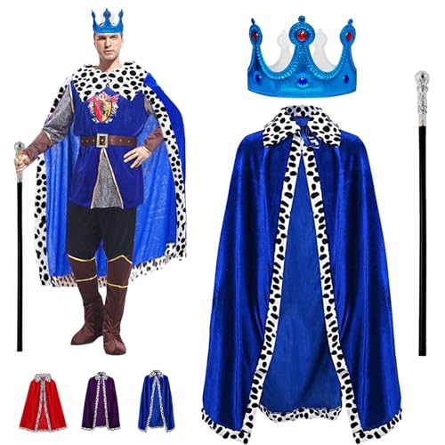 3 trajes de Rey para adulto, abrigo real, corona reina, cetro, disfraz de príncipe, disfraz medieval adulto, para cosplay, fiesta temática, Halloween, vestido (azul (adulto))