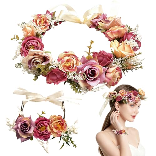 TZEKING Blume Krone Braut Haarschmuck mit Armband Set Hochzeitsgirlande Haarkranz mit Verstellbarem Haarband Blume Krone Stirnband für Braut Damen Mädchen Haarschmuck für Hochzeit Party Festival