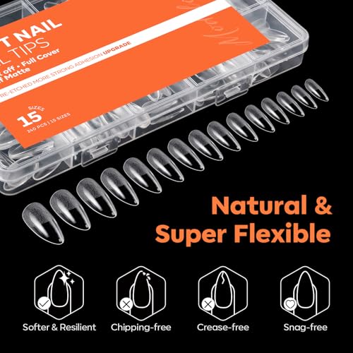 Image of Modelones Almond Nail Tips, 240PCS Pre-Etched 40 Grit Half Matte Clear Full Cover Soft Gel Nails Tips, 15 Sizes Medium Almond Fake Nail Tips for DIY Extensions Press On Nails for Women