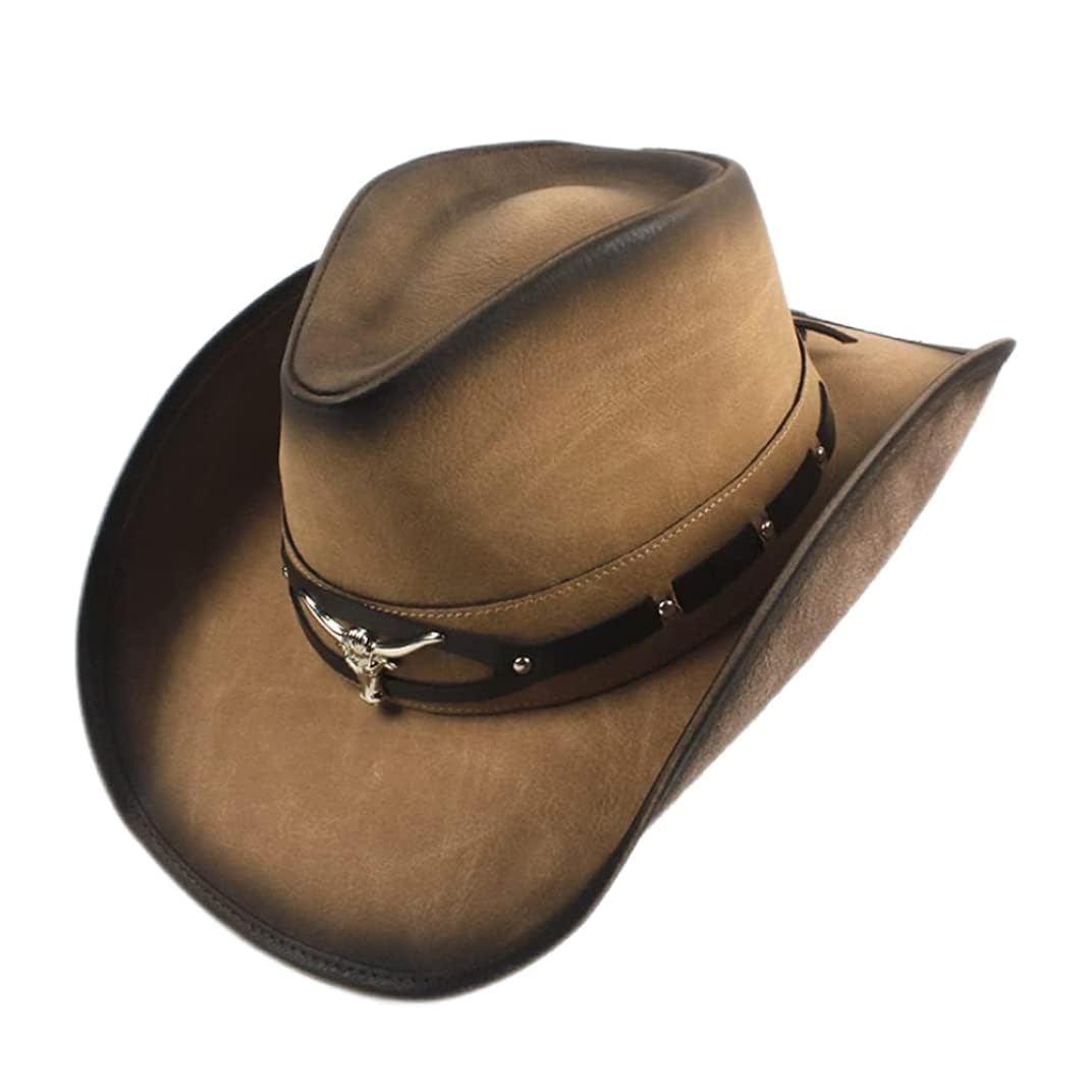 Sombrero De Cowboy de Cuero para Hombres y Mujeres Cowgirl Sun Hat Outback de Ala Ancha (Color: Natural, Tamaño: 58-59 Cm)