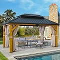 YITAHOME 13X15FT Wood Gazebo Outdoor Wooden Frame Gazebo Double Roof Hardtop Galvanized Steel Top Canopy w/Curtain and Netting, Patio Heavy Duty Gazebo for Deck, Backyard, Beige Yellow