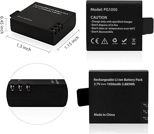 Miniatura 2 de Paquete de 3 baterías de cámara de acción de 1050 mAh, cargador de batería dual compatible con AKASO EK7000/CAMPARK/CROSSTOUR/APEMAN/Dragon