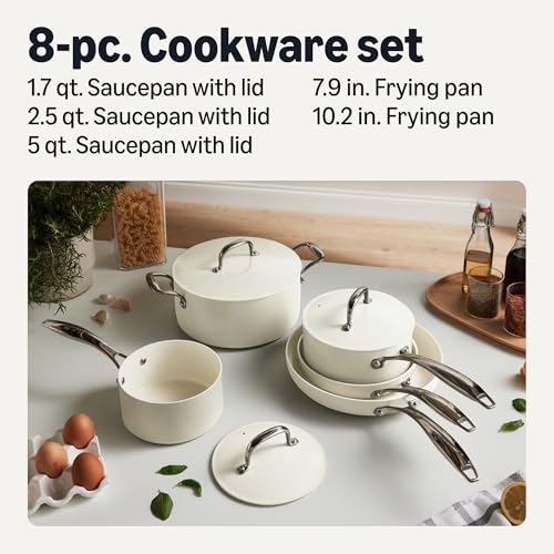 Image of Amazon Basics Ceramic Nonstick Cookware, 8-Piece Set of Pots and Pans, Dishwasher and Oven-Safe, All Cooktop Induction Friendly, Ivory