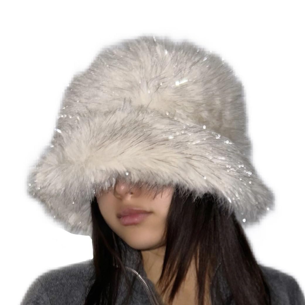 KGM Accessories Big Soft Fluffy Faux Fur Bucket hat with Silver Fleck - Womens Winter Hats (UK, Alpha, One Size, Beige)