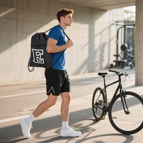Image of HOLYLUCK Drawstring Bags Initial Backpack Sackpack Cinch Bags for Sports, Gym, Travel, Beach (Black-E)