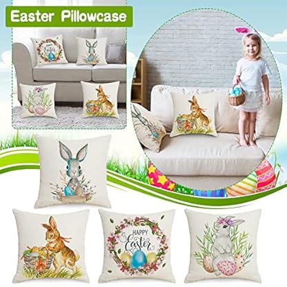 SLYGOU 4er Set Ostern Kissenbezug 45x45cm,KissenhüLle Osterdeko Hase Leinen Dekokissen Cases Home Kissenbezug 40x40 Leinen Osterhase Deko 40x40 cm Saisonnal Zierkissenbezug – Bild 3