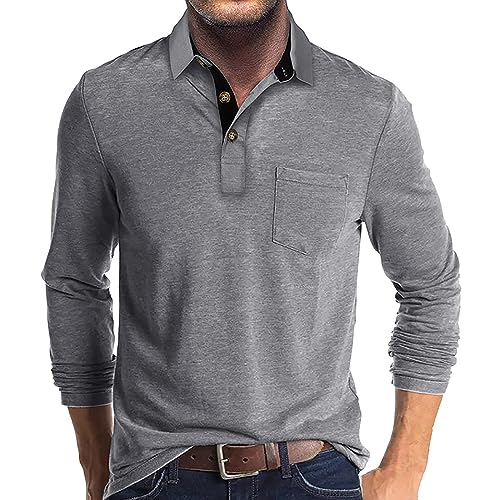 Camiseta polo para hombre de manga larga con cuello contrastante y botones, estilo casual para golf y uso diario | Bolsillo en el pecho, transpirable, ligera, diseño clásico sin costuras visibles, movimiento flexible, estilo de trabajo a fin de semana miniatura 1