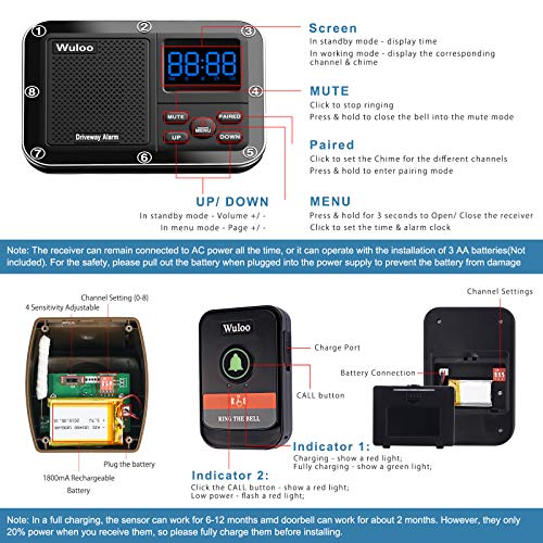 image for Wuloo Wireless Doorbells for Home, Solar Driveway Alarm, Multifunction