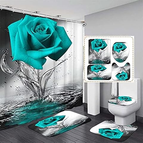 Byitre 4PCS Water Rose Shower Curtain Set with Non-Slip Rugs, Toilet Lid Cover & Bath Mat, Shower Curtain with 12 Hooks, Bathroom Sets with Shower Curtain & Rugs & Accessories, Teal, 71'' x 71'' Cover