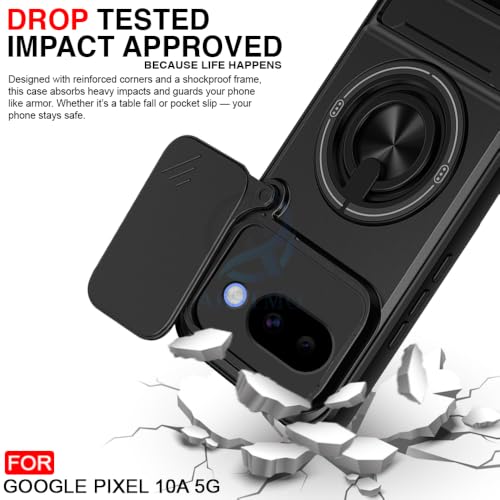 Image of AESTMO Google Pixel 10A 5G Back Cover | Armor Camera Slider 360 Degree Rotating Finger Ring Holder Case with Bracket Stand Back Case Cover (Compatible with MagSafe Accessories) (Black)
