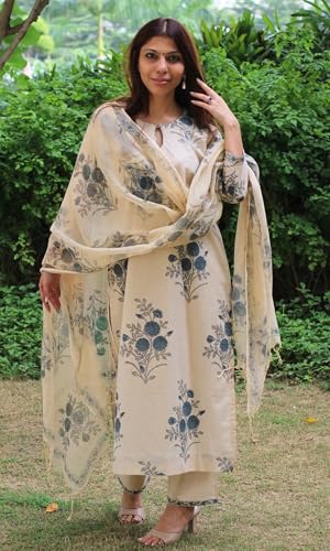Image of GoSriKi Kurta Set for Women Viscose Blend Printed | Kurta Pant Dupatta Set for Woman | Round Neck 3 /4 Sleeve Straight 3 Piece Ethnic Dress Stylish Womens Clothing Outfit