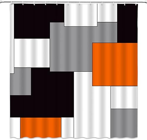 Cortina de ducha geométrica naranja negro blanco gris geometría abstracta cuadrada rectangular arte moderno diseño creativo juego de decoración de