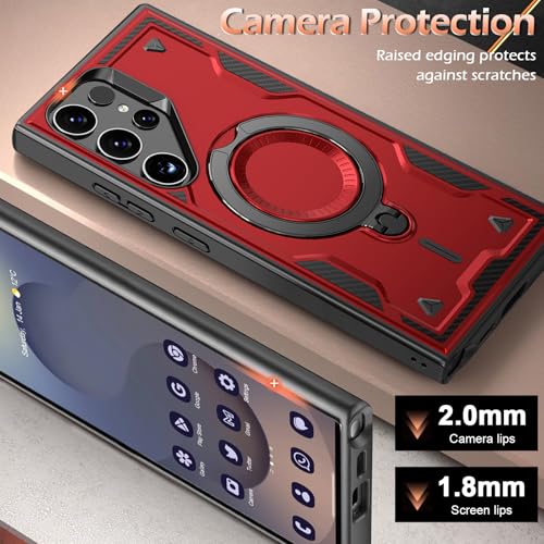 Image of for Samsung Galaxy S25 Ultra Case Magnetic with Stand, with Mag-Safe, with Screen Protector, Wireless Charging, Shockproof for Samsung S25 Ultra 5G Phone Case, Ring Holder Cover Red