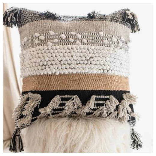 COZYDEKO Decorative Boho Pillow Cover, 18” x 18” Square, Soft Moroccan Rustic Throw with Tufted Accents, Plush Handwoven Cotton, Neutral Farmhouse Home Decor (Black)