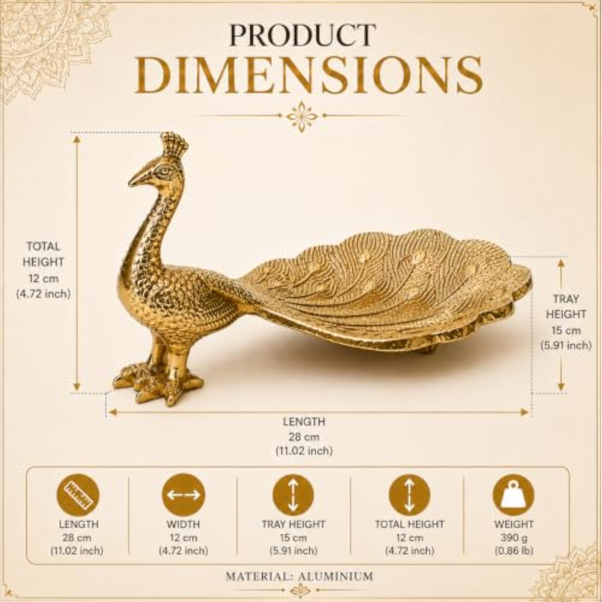 Handcrafted Aluminium Peacock Decorative Tray with Brass Finish